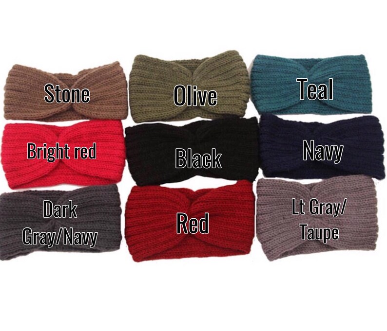 May include: Nine different colors of knitted headbands. The colors are stone, olive, teal, bright red, black, navy, dark gray/navy, red, and light gray/taupe.