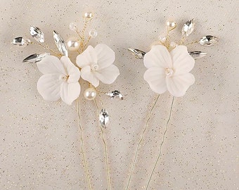 Porcelain flower small hair pins Pins 2/pc- Vintage Bridal Hair comb- pearl wedding hair accessory- wedding hairpiece for flower girls H035