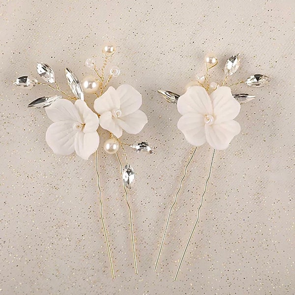 Porcelain flower small hair pins Pins 2/pc- Vintage Bridal Hair comb- pearl wedding hair accessory- wedding hairpiece for flower girls H035