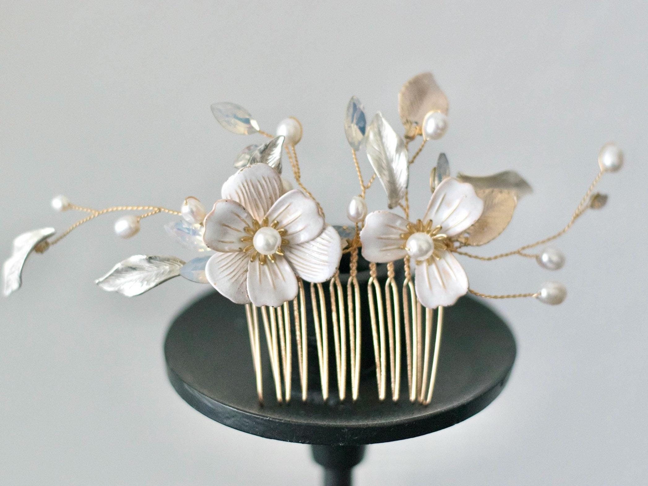 Peigne De Mariage Avec Strass Et Nacre – Métal Argenté Et Verre – Neuf Avec étiquette