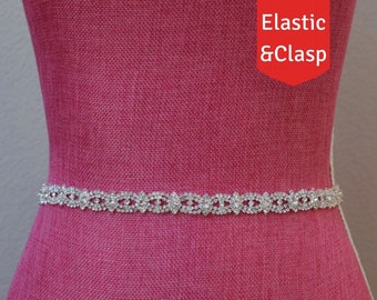 Bridal Belt with Elastic Clasp, Fitted rhinestone Bridal Sash, crystal wedding belt with hook clasp, bridesmaids belt with elastic- B003