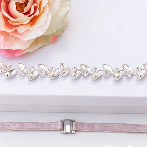 Bridal Belt with Elastic Clasp, Fitted rhinestone Bridal Sash, crystal wedding belt with hook clasp, leaf bridesmaids belt with elastic B034 image 3