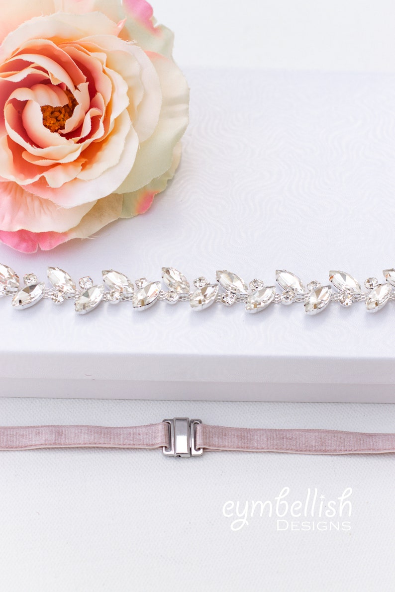 Bridal Belt with Elastic Clasp, Fitted rhinestone Bridal Sash, crystal wedding belt with hook clasp, leaf bridesmaids belt with elastic B034 image 3