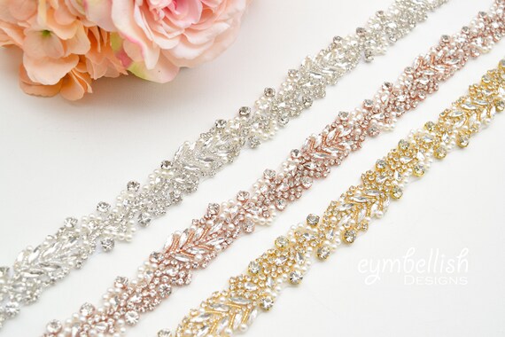 wedding dress rose gold belt Gold Bridal Belt Sash with Crystal Jeweled Ribbons and Rhinestones