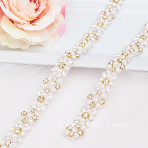 Full Length Pearl and Crystal Rhinestone gold Bridal Belt-  All the Way Around with Clasp Hook Closure- gold thin pearl Wedding Belt- B049