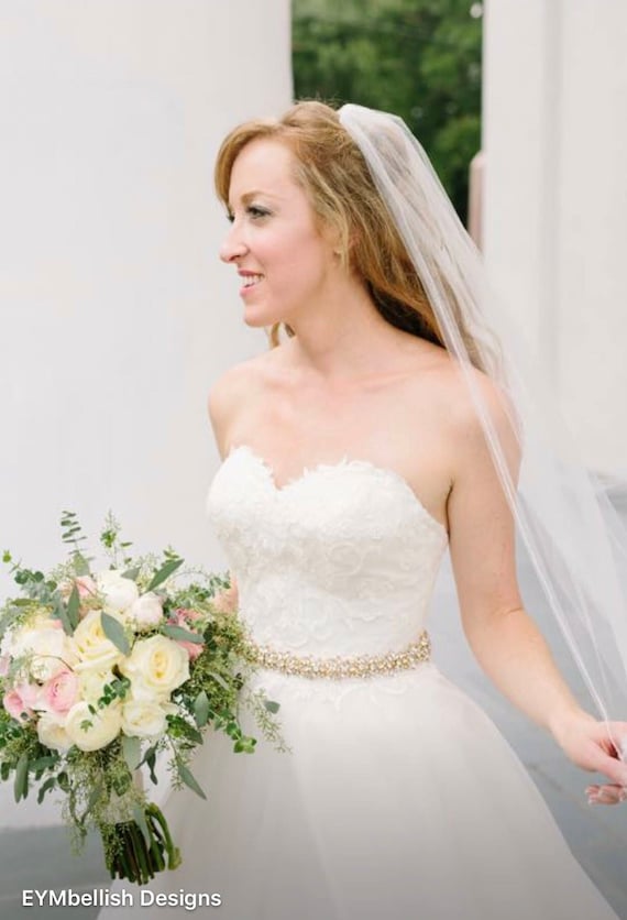 Full Length Gold Rhinestone Bridal Belt- All the Way Around Embellished Belt With Clasp - Bridal Sash - Gold Rhinestone Belt - EYM B014