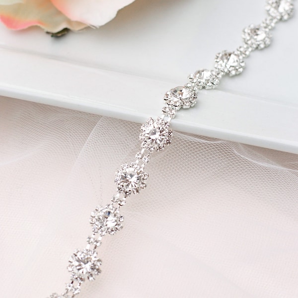 Thin Crystal Rhinestone Belt- Bridal Belt- Silver Bridesmaid Belt- Thin Crystal Wedding Belt- Wedding Sash- B024