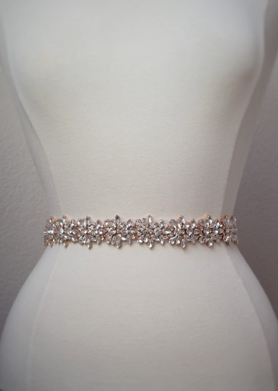 Full Length Rose Gold Rhinestone Bridal Belt All the Way Around Embellished Belt With Clasp rose Gold Bridal Sash thin Rhinestone Belt B014 Etsy