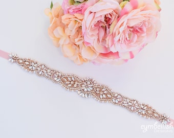 Rose Gold Crystal Rhinestone Bridal Belt on Satin Sash - Bridal Sash - Rosegold Rhinestone Belt - Rose gold Wedding Accessories b098