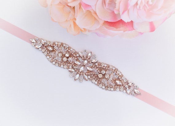 Rose Gold Bridal Belt on Satin Sash - Bridal Sash  display picture 1