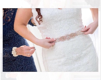 Rose Gold Crystal Rhinestone Bridal Belt on Satin Sash - Bridal Sash - Rosegold Rhinestone Belt - Rose gold Wedding Accessories b098