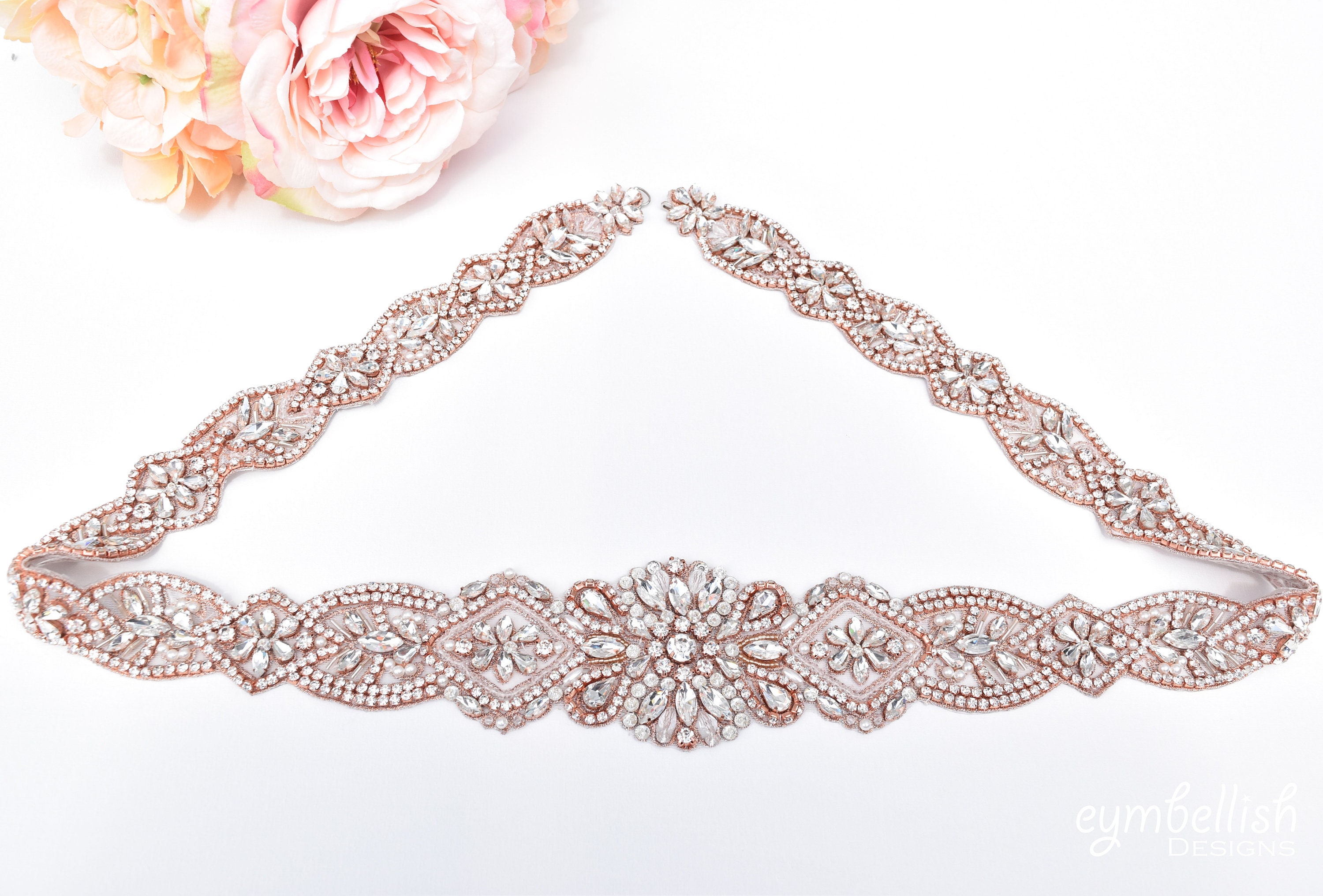 Rose Gold Embellished Crystal and Rhinestone Bridsl Sash Belt MissRDress Satin Bridal Sash Belt Rose Gold Pearl... From  main image 2