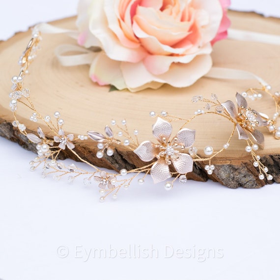 Delicate Blush Floral Headband with Crystals Crystal Hair Vine Floral Bridal Hairpiece Blush Pink Flowers  main image 3