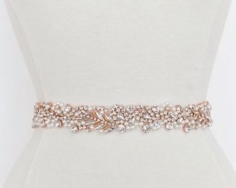 Rose Gold and Pearl Bridal Belt- All the Way Around Thin gold leaf vine Rhinestone Belt with Clasp Closure- pearl Wedding Belt B103