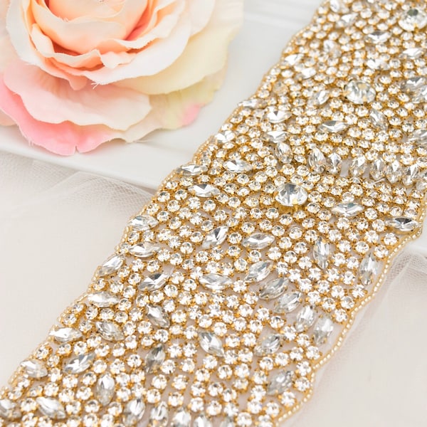 Full Length Gold Bridal Belt with Clasp Closure, Three 3 inch Rhinestone Bridal Belt-Embellished sash- Bridal Accessory- pageant beltB149