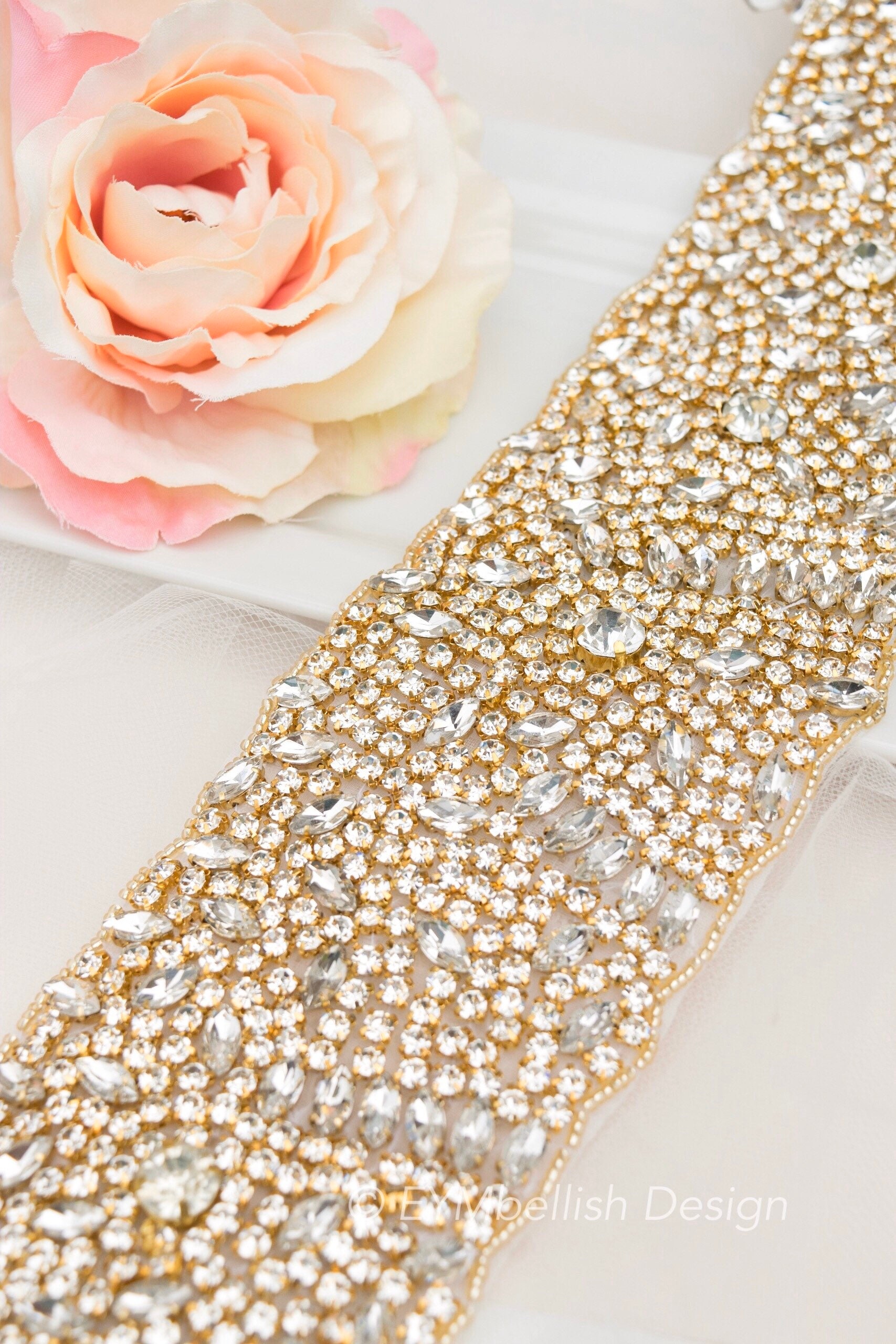 Gold Rhinestone Bridal Belt, 3-Inch Wide Crystal Sash with Clasp