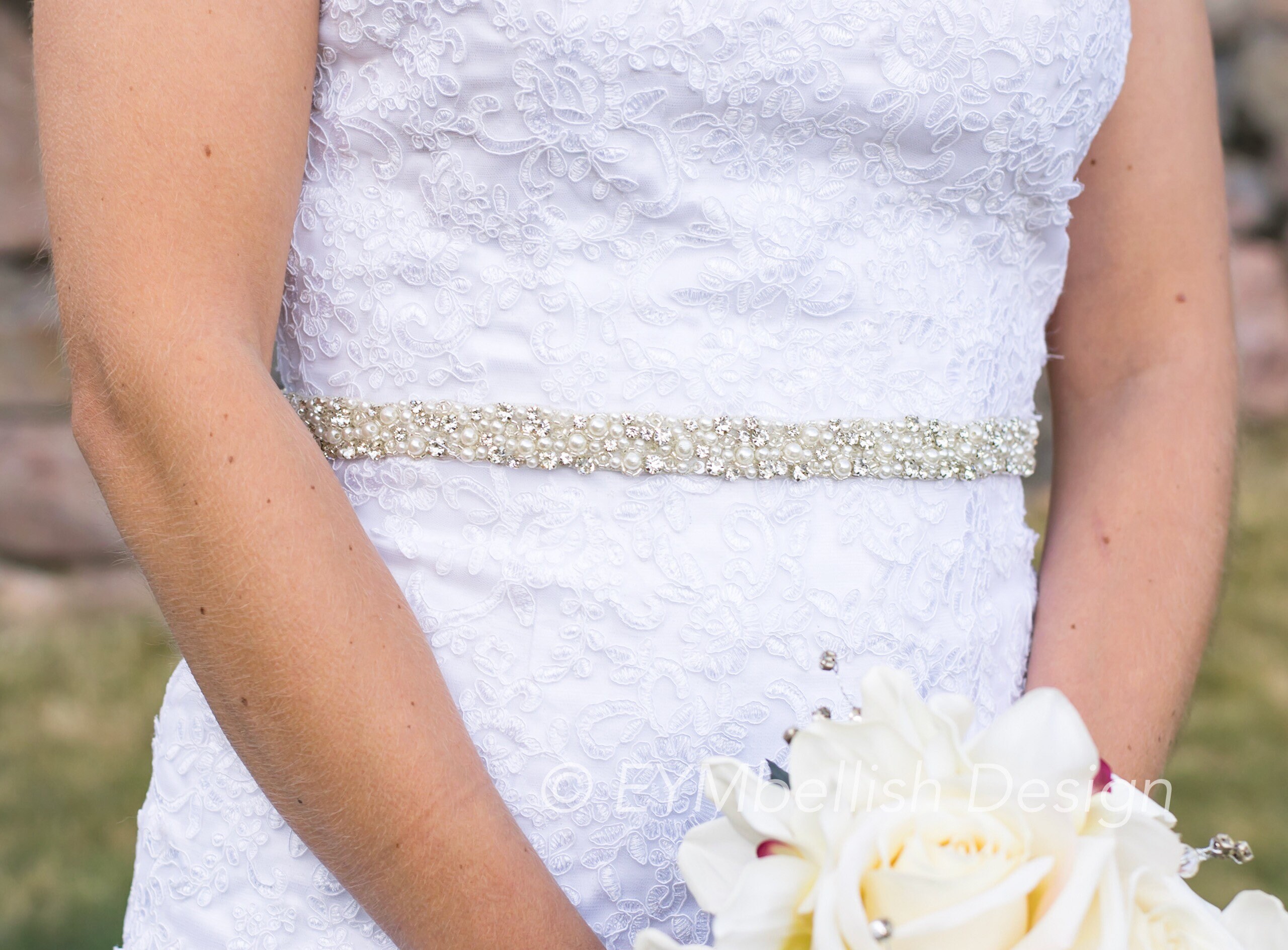 Crystal Rhinestone Pearl Bridal Belt With Clasp - Eymbellish  display picture 1