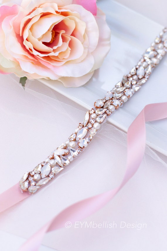 Opal Bridal Sash, Rose Gold Bridal Belt, Wedding Sash, Thin  display picture 1