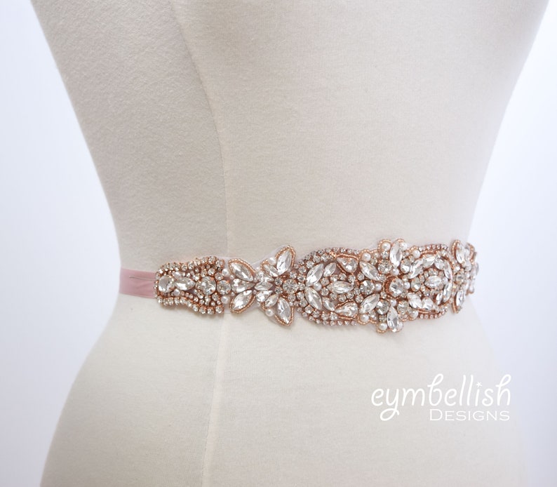Rosegold Rhinestone Belt Customized Rose Gold Crystal Rhinestone Bridal Belt on Ribbon Sash Bridal Sash Blush Wedding Accessories b081