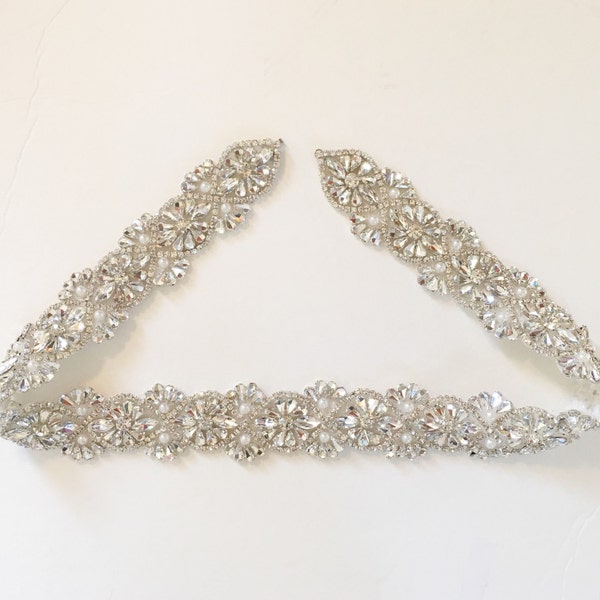 Full Length Crystal Rhinestone and Pearl Bridal Belt-  All the Way Around Belt with Clasp Closure - Bridal Sash -Embellished Belt -EYM B044