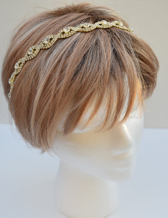 Thin Gold Crystal Rhinestone Headband - Gold Rhinestone Hair Band
