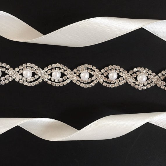 1545 Thin Bridal Belt With Pearls Rhinestones Shiny Crystal Bridesmaid Thin Crystal Rhinestone and Pearl Bridal Belt- Bridal Sash  main image 4