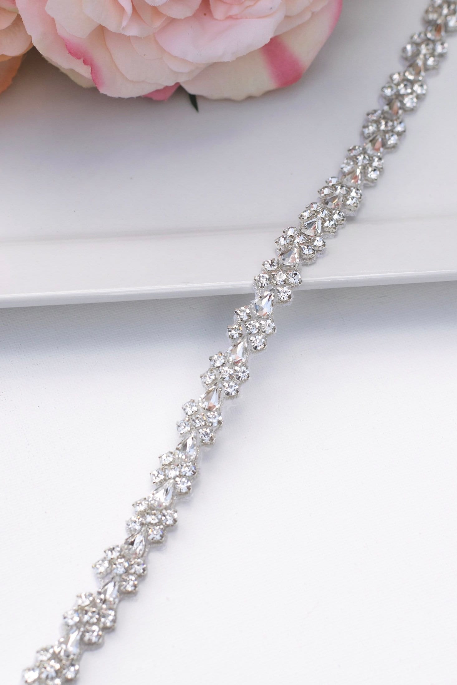 Full Length Thin Rhinestone Bridal Belt With Clasp- Crystal 