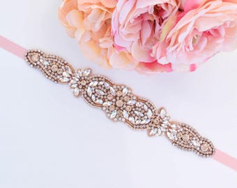 Rose Gold Crystal Rhinestone Bridal Belt on Ribbon Sash- Bridal Sash- Rosegold Rhinestone Belt- Blush Wedding Accessories b081