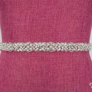 Full Length Pearl and Crystal Rhinestone Bridal Belt- All the Way Around with Clasp Closure- thin pearl Bridal Belt- pearl Wedding Belt B049