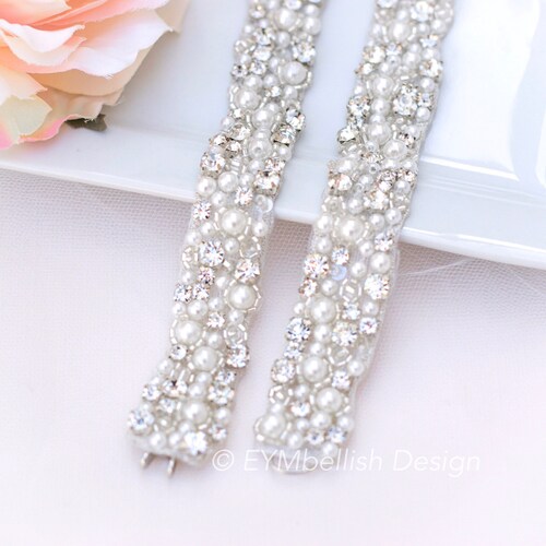 3527 Thin Bridal Belt With Pearls Rhinestones Shiny Crystal Bridesmaid Thin Crystal and Pearl Bridal Belt- Silver Bridesmaid Belt  main image 3