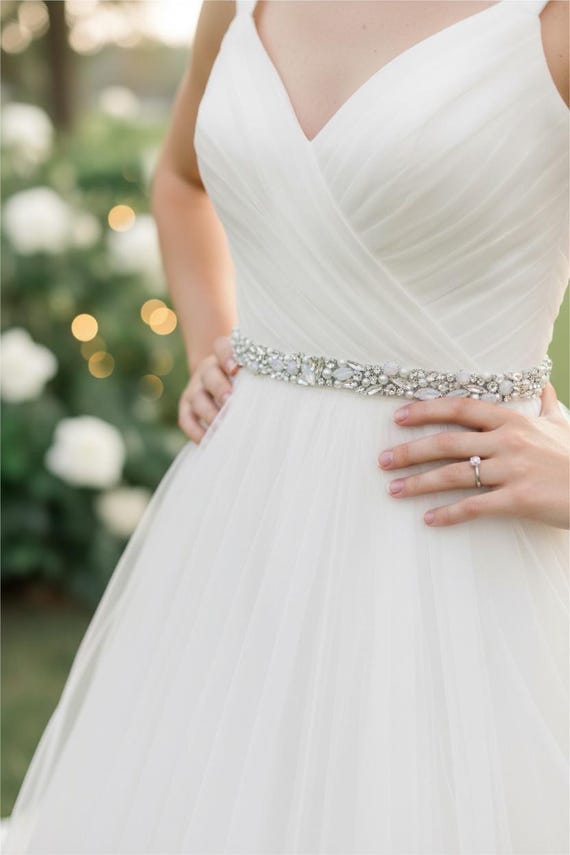 silver sash for wedding dress Opal Bridal Sash: Rhinestone Wedding Belt, Silver Crystal Bridesmaids Belt