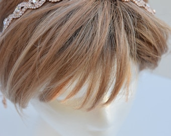 Thin Rose Gold Crystal Rhinestone Headband - rose gold hair band- bridal hair piece-Crystal headband-hairband with ribbon-Gatsby- EYM B036