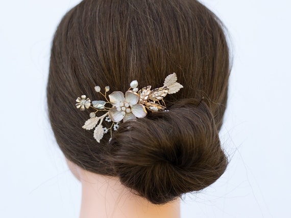 Blush Flower Bridal Hair Comb: Gold Opal Rhinestone Wedding 