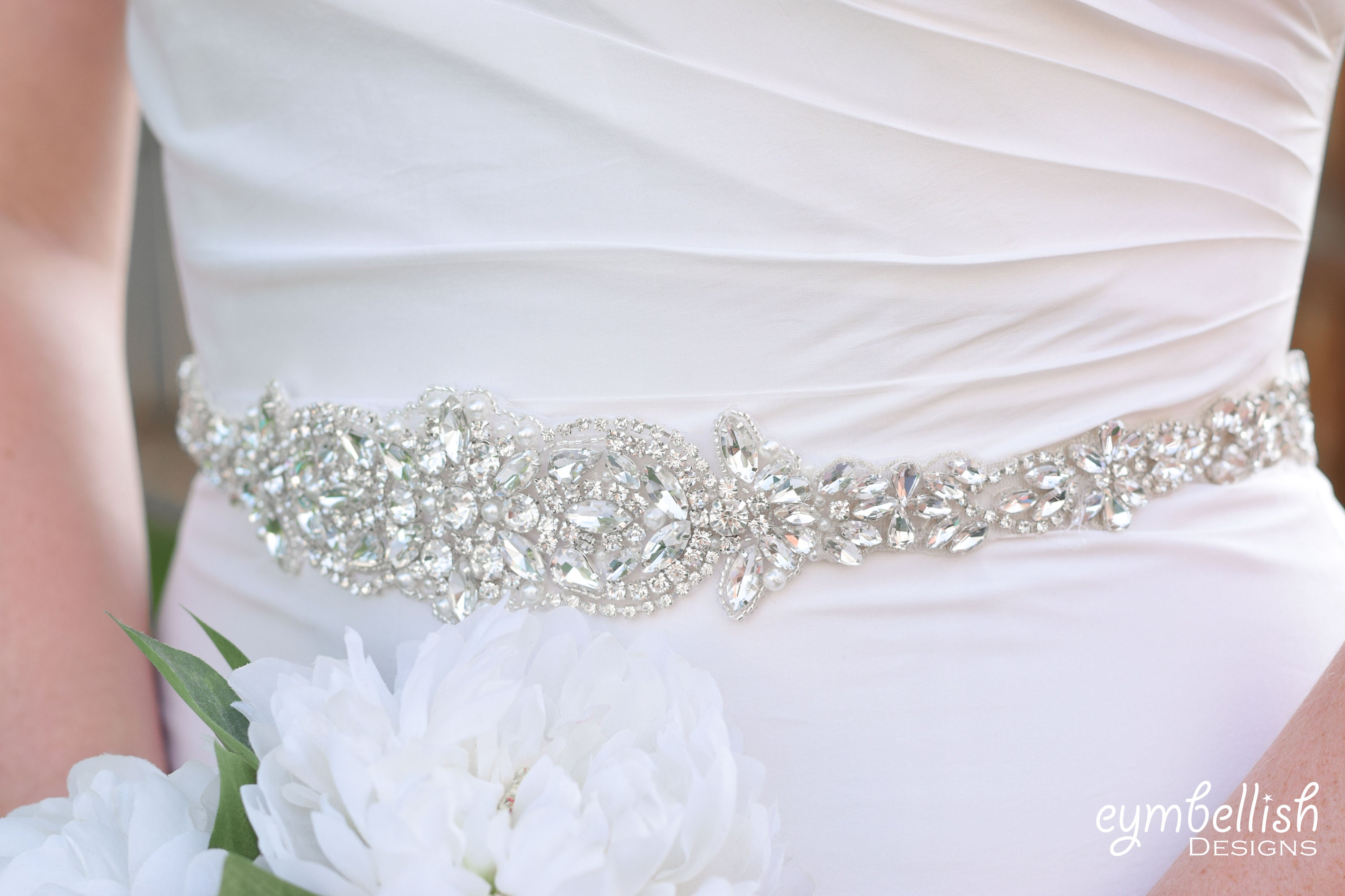 1469 Ra249 Bridal Sash Belt- Silver Pearls Rhinestone Beaded Rhinestone and Pearl Wedding Dress Sash Belt main image 2