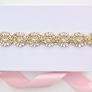 Gold Crystal Rhinestone Bridal Belt- Bridal Belt with Ribbon Sash- 1.25&quot; Gold Wedding Belt Wedding Sash Beaded Belt - EYMbellish B118