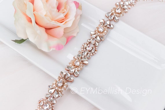 rose gold wedding dress belt Rose Gold Crystal Bridal Belt Sash Elegant Wedding Dress Accessory Applique Only