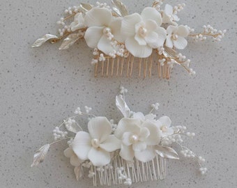 Bridal Hair Comb - Vintage Wedding Hair Piece with pearl and white flowers- H032