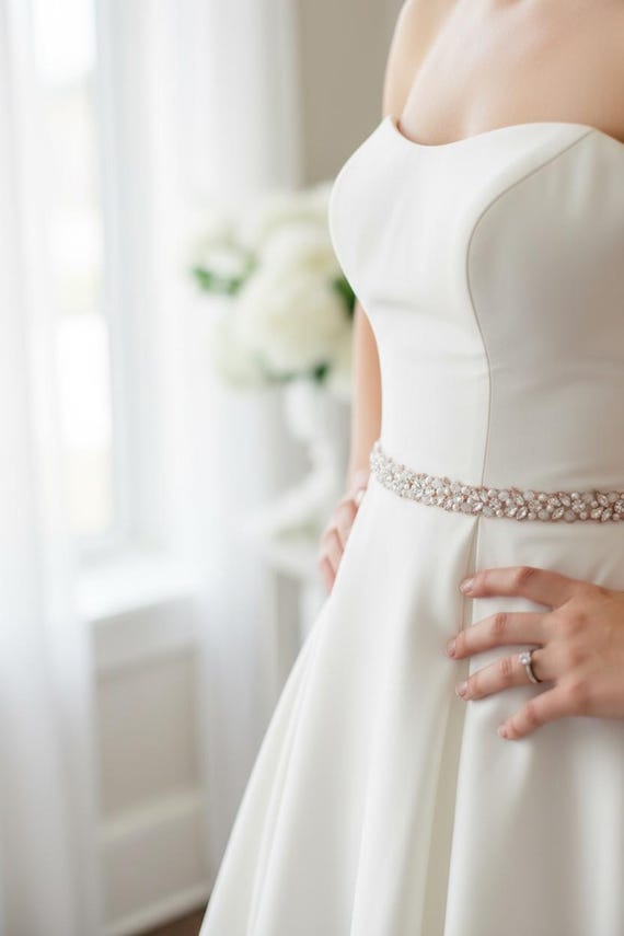 wedding dress belt rose gold Thin Crystal Rhinestone and Pearl Bridal Belt- Rose Gold Bridal Sash or Bridesmaids Belt- Thin Embellished Pageant -EYM B120 SCH006662