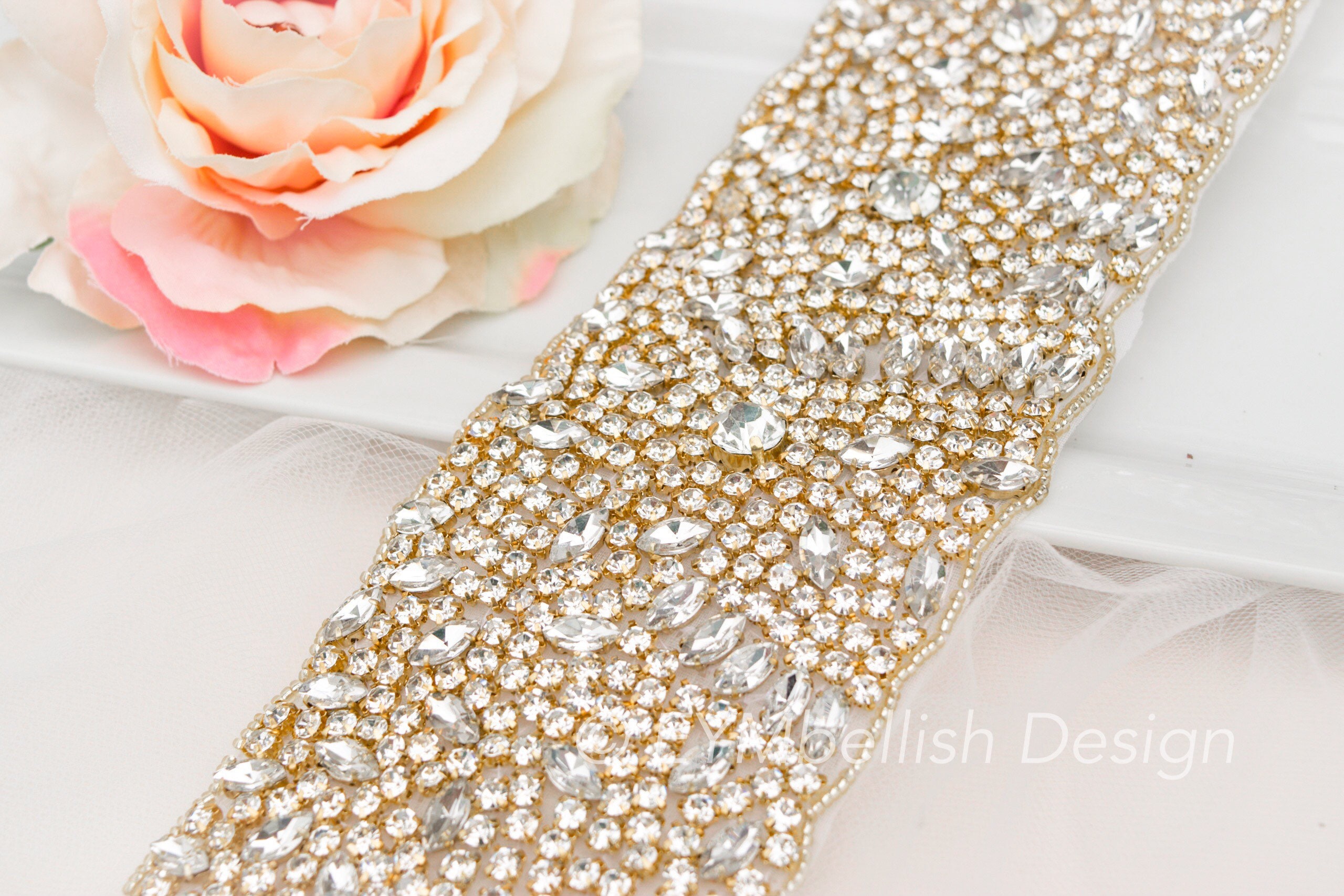 Gold Rhinestone Bridal Belt, 3-inch Wide Crystal Sash With  display picture 1