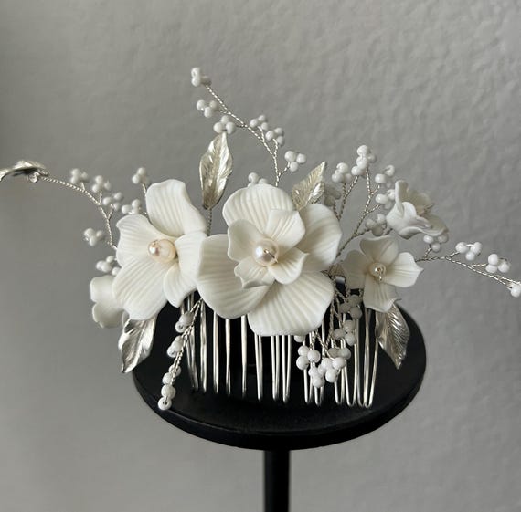 Pettine Per Capelli Con Cristalli Bianchi - Larghezza 9 Cm, Fiore A Foglia Per Matrimonio