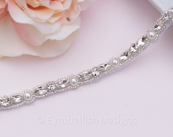 Clasp pearl and Crystal Belt with all around rhinestones- thin Bridal Belt- Bridesmaid Belt- Crystal full length crystal Wedding Belt- B059