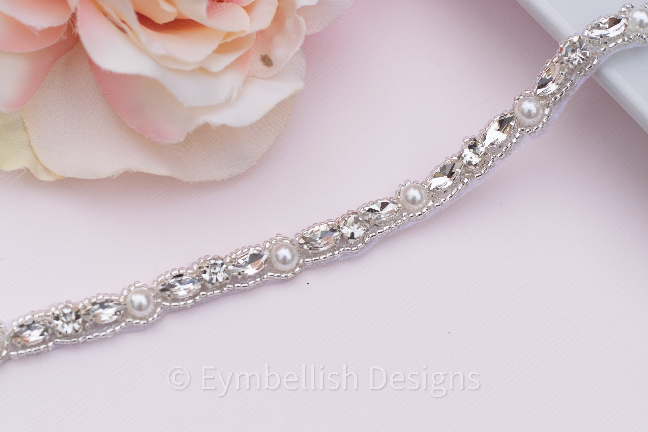 1545 Thin Bridal Belt With Pearls Rhinestones Shiny Crystal Bridesmaid Crystal Rhinestone Pearl Bridal Belt With Clasp - Eymbellish  main image 4