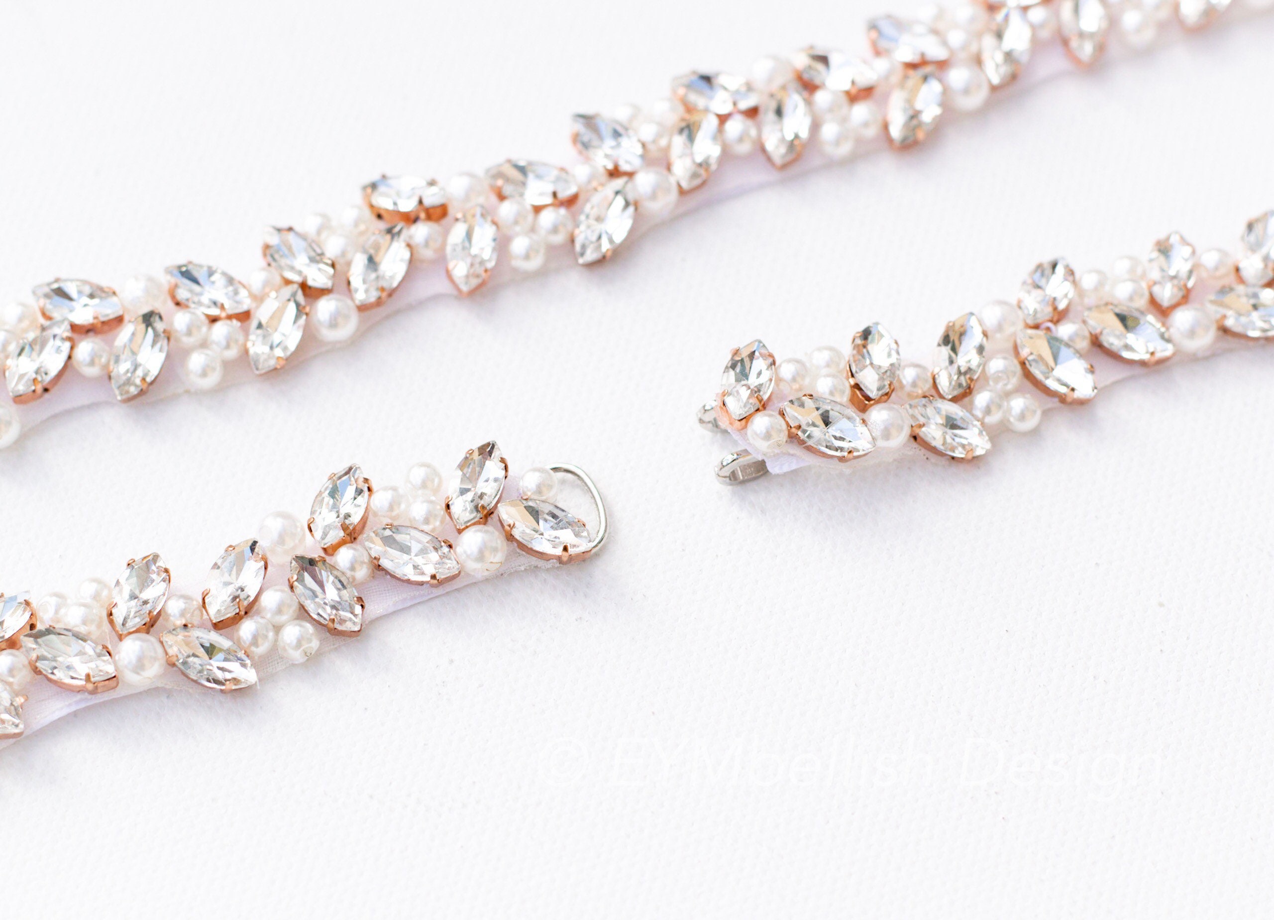 Thin Rose Gold and Pearl Bridal Belt with Clasp, full Length crystal…