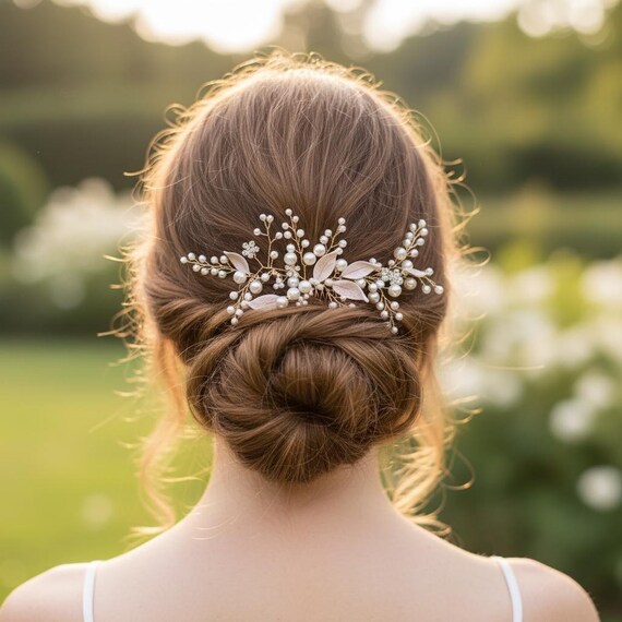 Pettine per capelli da sposa in oro e rosa cipria - Accessorio per capelli da sposa vintage con perle - Accessorio per capelli con foglie e vite - Accessorio per capelli da sposa - H003