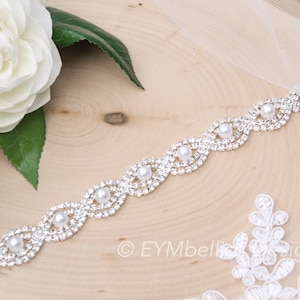 Custom Thin Silver Crystal and Pearl Rhinestone Belt Bridal Belt or pearl Bridesmaids Belt Pearl Bridal Belt Pearl Sash-EYM B036 Pearl image 2