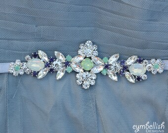 Opal Rhinestone Bridal Belt with Clasp- Bridesmaids Belt with elastic -Mint Bridal Sash -Thin Belt with Opal - Rhinestone Belt -wedding sash