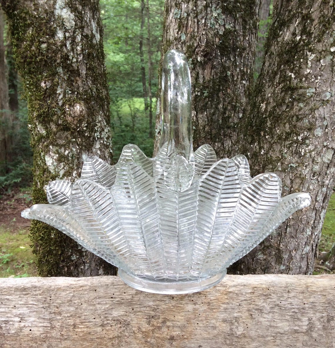 Pressed Glass Handled Basket L E Smith Feather Basket Etsy
