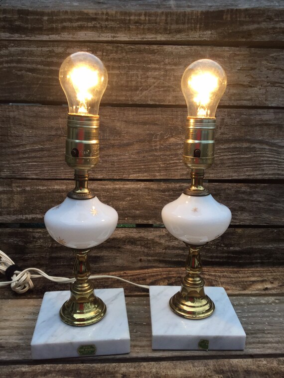Vintage Pair Of Milk Glass Lamps Brass Boudoir Mcm Matching