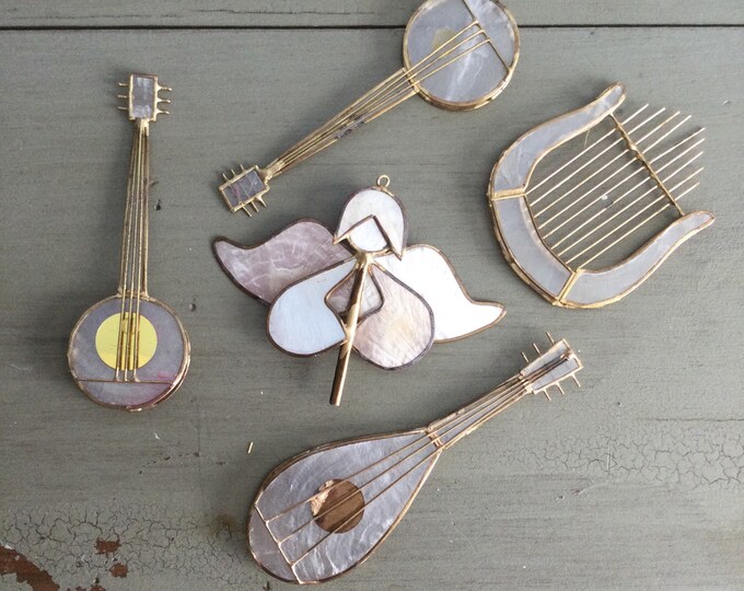 Vintage Capiz Shell Musical Instruments Ornaments, Mandolin, Banjo ...