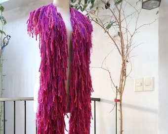 Fringe magenta scarf, pure wool bulky scarf, unique scarves, yarn art accessories